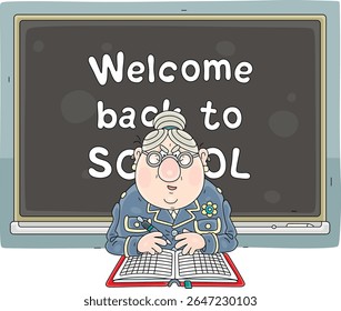 Bem-vindo de volta ao cartão escolar com um professor antigo da escola resmungando e rigoroso com um registro de classe aberto perto de um quadro-negro de sala de aula, ilustração de desenhos animados vetoriais em um fundo branco