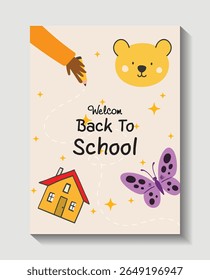 Welcome Back to School Card with House, Bear, Butterfly, and Pencil - Vector Illustration.