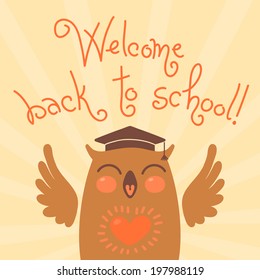 Welcome back to school. Card with an owl. Hand drawn vector illustration.