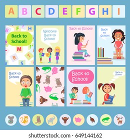 Welcome back to school card with reading kids, colored capital letters of alphabet, domestic and wild animals vector illustration.