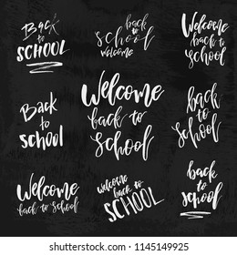 Welcome Back to School chalk lettering on blackboard. Vintage Calligraphic Design Label On Chalkboard. Vector Logo Set