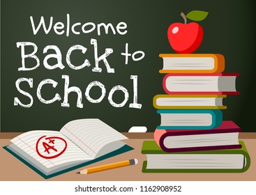 Welcome back to school chalk text on blackboard, stack of books, apple, pencil, open exercise book with A plus mark simple vector cartoon illustration. School, education, teaching theme poster, card.