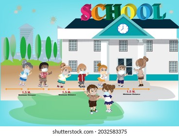 Welcome Back To School Chidren Wearing Surgical Mask In A Row, Teacher Measuring Body Temperature Of Student Before Entering School. Vector Illustration Going To School During COVID19