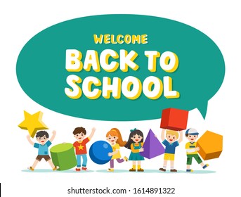 Welcome Back to School. Children with simple geometry forms. Different Geometric Shape. Educational geometry children. Template for advertising brochure. Children look up with interest.