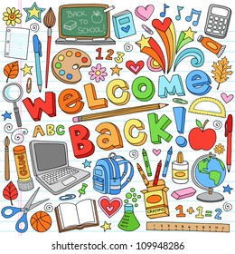 Welcome Back to School Classroom Supplies Notebook Doodles Hand-Drawn Illustration Design Elements on Lined Sketchbook Paper Background
