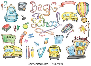 Welcome Back to School Classroom Supplies Notebook Doodles Hand-Drawn Illustration Design Elements, Freehand drawing, Vector