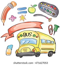Welcome Back to School Classroom Supplies Notebook Doodles Hand-Drawn Illustration Design Elements, Freehand drawing, Vector Watercolor style