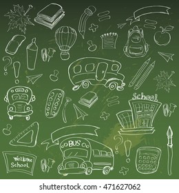 Welcome Back to School Classroom Supplies Notebook Doodles Hand-Drawn Illustration Design Elements, Freehand drawing, Vector.  blackboard background. 