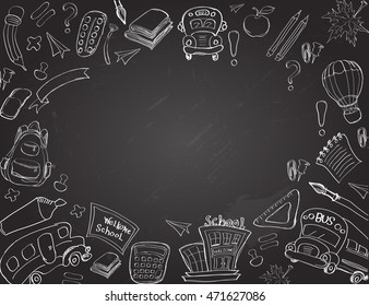 Welcome Back to School Classroom Supplies Notebook Doodles Hand-Drawn Illustration Design Elements, Freehand drawing, Vector.  blackboard background. Education sketchy