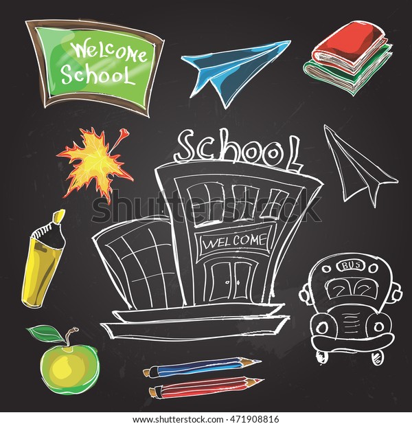 Welcome Back to School Classroom Supplies\
Notebook Doodles Hand-Drawn Illustration Design Elements, Freehand\
drawing, Vector. blackboard\
background.