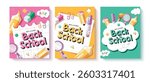 Welcome back to school clipart poster set design. Back to school greeting text clip art in paper colorful grid space background with educational drawing flat elements collection vector illustration.
