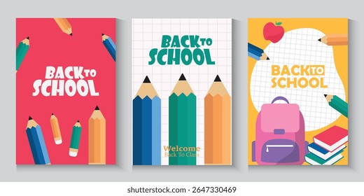 Welcome back to school clipart poster, cards, bannner set design. Back to school greeting cover collection in paper colorful grid space background with educational flat elements and  copy space.