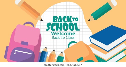 Welcome back to school clipart poster, cards, bannner set design. Back to school greeting cover collection in paper colorful grid space background with educational flat elements and  copy space.