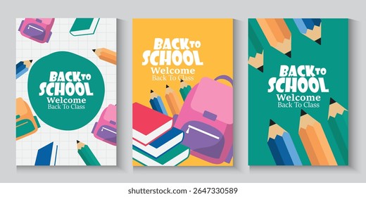 Welcome back to school clipart poster, cards, bannner set design. Back to school greeting cover collection in paper colorful grid space background with educational flat elements and  copy space.