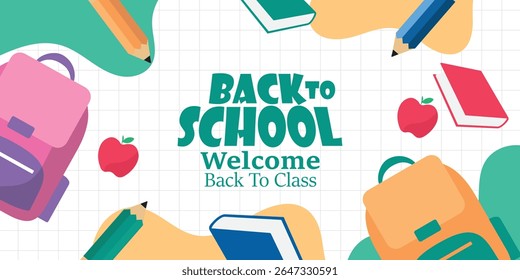Welcome back to school clipart poster, cards, bannner set design. Back to school greeting cover collection in paper colorful grid space background with educational flat elements and  copy space.