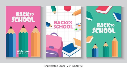 Welcome back to school clipart poster, cards, bannner set design. Back to school greeting cover collection in paper colorful grid space background with educational flat elements and  copy space.