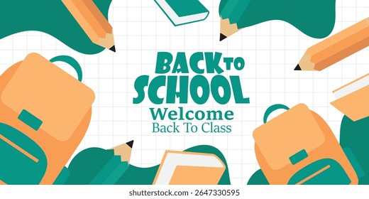 Welcome back to school clipart poster, cards, bannner set design. Back to school greeting cover collection in paper colorful grid space background with educational flat elements and  copy space.
