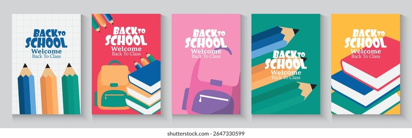 Welcome back to school clipart poster, cards, bannner set design. Back to school greeting cover collection in paper colorful grid space background with educational flat elements and  copy space.