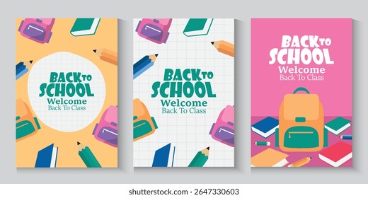 Welcome back to school clipart poster, cards, bannner set design. Back to school greeting cover collection in paper colorful grid space background with educational flat elements and  copy space.