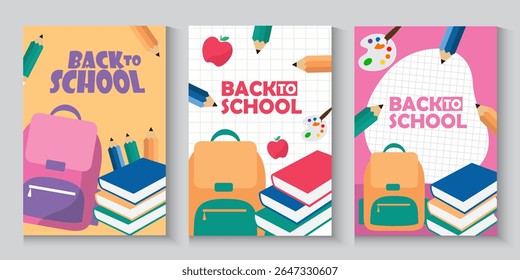 Welcome back to school clipart poster, cards, bannner set design. Back to school greeting cover collection in paper colorful grid space background with educational flat elements and  copy space.