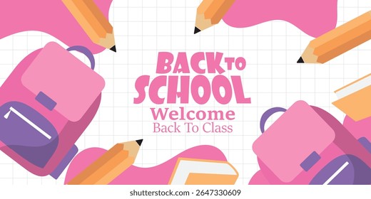 Welcome back to school clipart poster, cards, bannner set design. Back to school greeting cover collection in paper colorful grid space background with educational flat elements and  copy space.