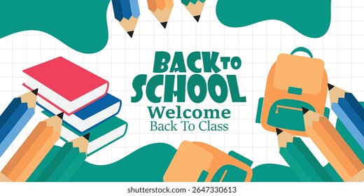 Welcome back to school clipart poster, cards, bannner set design. Back to school greeting cover collection in paper colorful grid space background with educational flat elements and  copy space.