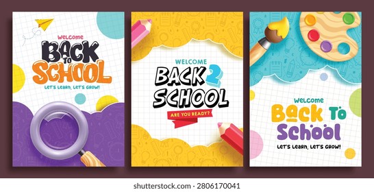 Welcome back to school clipart poster set design. Back to school greeting with school supplies elements on school doodle pattern background. Vector illustration. 
