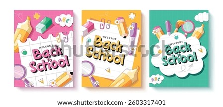 Welcome back to school clipart poster set design. Back to school greeting text clip art in paper colorful grid space background with educational drawing flat elements collection vector illustration.
