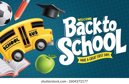 Welcome back to school clipart template. School greeting text educational clip art design with bus, book, apple, mortar board and ball elements in grid blue background vector illustration. 
