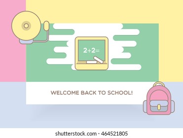Welcome back to school colorful web template banner with chalkboard, school bell and student backpack icons 
