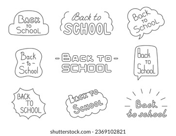 Welcome back to school. Coloring Page. Quote calligraphy typography. Vector drawing. Collection of design elements.