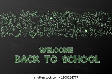 Welcome back to school - concept of banner with sketchy accessories. Vector.
