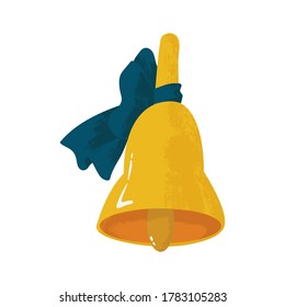 Bienvenidos de vuelta al concepto escolar. Ilustración de timbre escolar en diseño plano con textura. Aislado sobre fondo blanco. Ilustración plana de la campana de la escuela dorada con icono de cinta azul