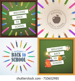 Welcome Back to School Concept Black Board Vector Background Set