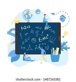 Welcome back to school concept. School board in digital tablet with formula and school supplies.