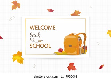 Welcome Back to school concept. Cartoon School backpack with school stationery, education supplies, apple, falling autumn leaves. School Bag vector. design for web, site, advertising, banner, poster.
