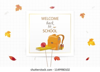 Welcome Back to school concept. Cartoon School backpack with school stationery, education supplies, apple, falling autumn leaves. School Bag vector. design for web, site, advertising, banner, poster.
