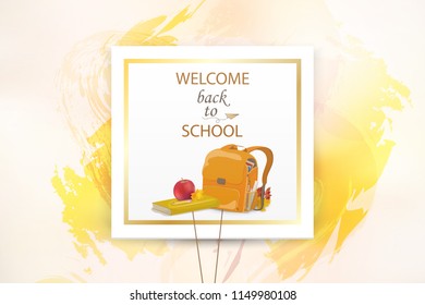 Welcome Back to school concept. Cartoon School backpack with school stationery, education supplies, apple, falling autumn leaves. School Bag vector. design for web, site, advertising, banner, poster.
