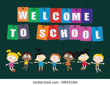 Welcome Back to school concept with children, chalkboard Vector