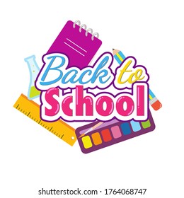 Welcome back to school concept. Colourful text with school supplies, education elements on white background. Flat vector illustration. 