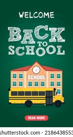 Welcome Back to school concept design flat with school bus on a green background. Vector illustration