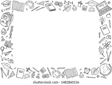 Welcome Back to school concept  frame with school supplies icons. Design template for diploma, banner, poster. Copy space.