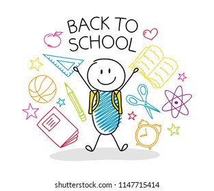 Welcome back to school - concept with funny cartoon character. Vector.