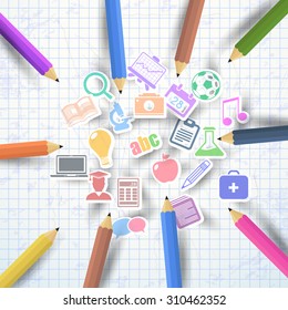 Welcome Back to School Concept Icons and Realistic Illustration Background, Vector Colorful Pencils Illustration