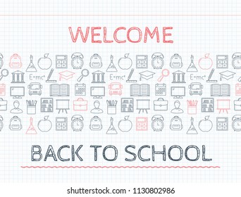 Welcome back to school concept, line icons in copybook, vector eps10 illustration