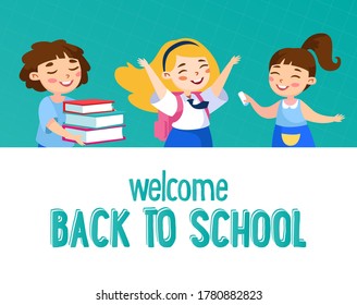 Willkommen zurück zum Schulkonzept. Kleine Kinderschulen in gleichmäßiger Freude mit Büchern, Rucksack und Chalk, Waving Hand. Kinder Charaktere studieren Poster Banner Flyer. Vektorgrafik von Cartoon People
