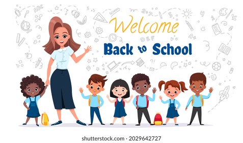 Welcome Back to school concept. Pupils on the uniform smiling with their teacher. Banner design with funny and cute cartoon characters. Vector cartoon illustration isolated on white background