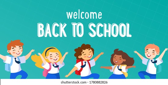 Welcome Back to School Concept. Schoolboys, Schoolgirls Characters Waving Hand Greeting New Educational Year, Kids Wearing Uniform and Backpacks Poster Banner Flyer. Cartoon People Vector Illustration