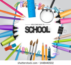Welcome back to school concept with study supplies - notebook, markers, pencils, ruler, pen, eraser. Realistic vector illustration.