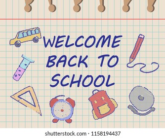 Welcome Back to school concept with school supplies icons on paper background. design template for banner, poster